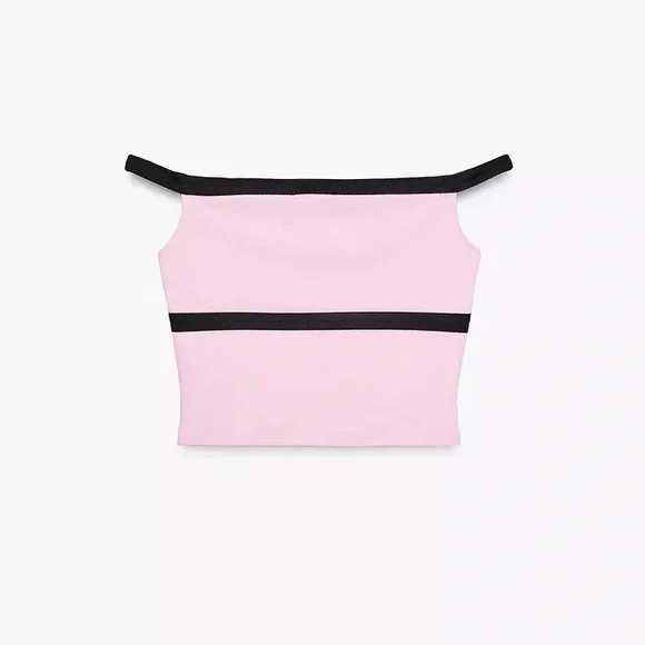 NWT Zara TIE FRONT CROP TOP Pink Black Bow Off The Shoulder Top Size Small - Picture 8 of 13